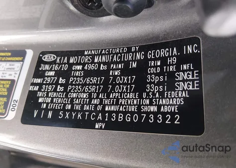 2011 Kia Sorento Lx z USA, uszkodzony, nr VIN 5XYKTCA13BG073322